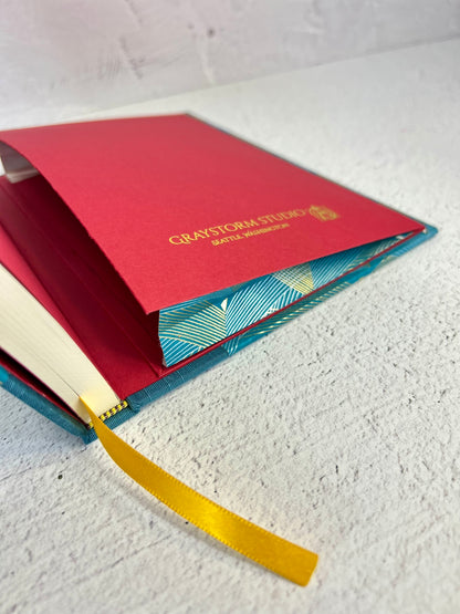 A5 160-page Hardcover Notebook finished in luxurious Marine Blue Japanese Bookcloth and Golden Waves on Chiyogami Japanese Paper