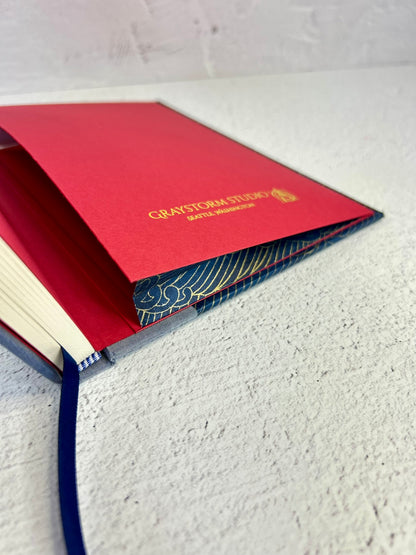 A5 160-page Hardcover Notebook finished in luxurious Blue Silver Japanese Bookcloth and Golden Waves on Blue Chiyogami Japanese Paper