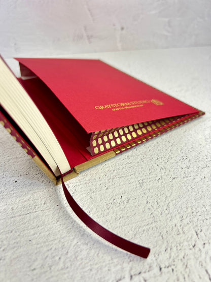 A5 160-page Hardcover Notebook finished in luxurious Soft Gold Japanese Bookcloth with Golden Dots on Wine Chiyogami Japanese Paper