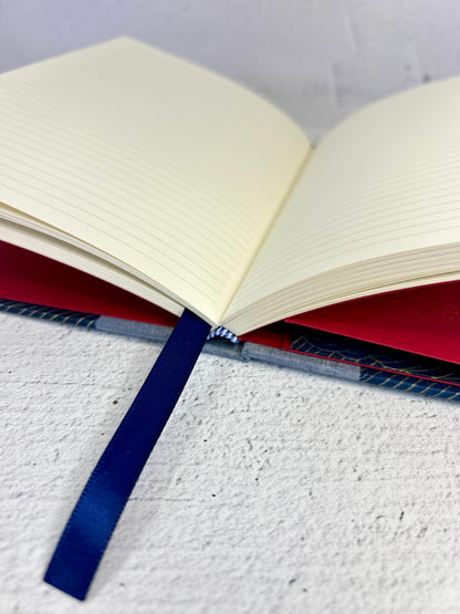 A5 160-page Hardcover Notebook finished in luxurious Blue Silver Japanese Bookcloth and Golden Waves on Blue Chiyogami Japanese Paper