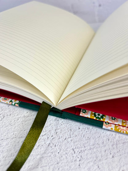 A5 160-page Hardcover Notebook finished in luxurious Green Mohair Japanese Bookcloth with Yellow Flowers Chiyogami Japanese Paper