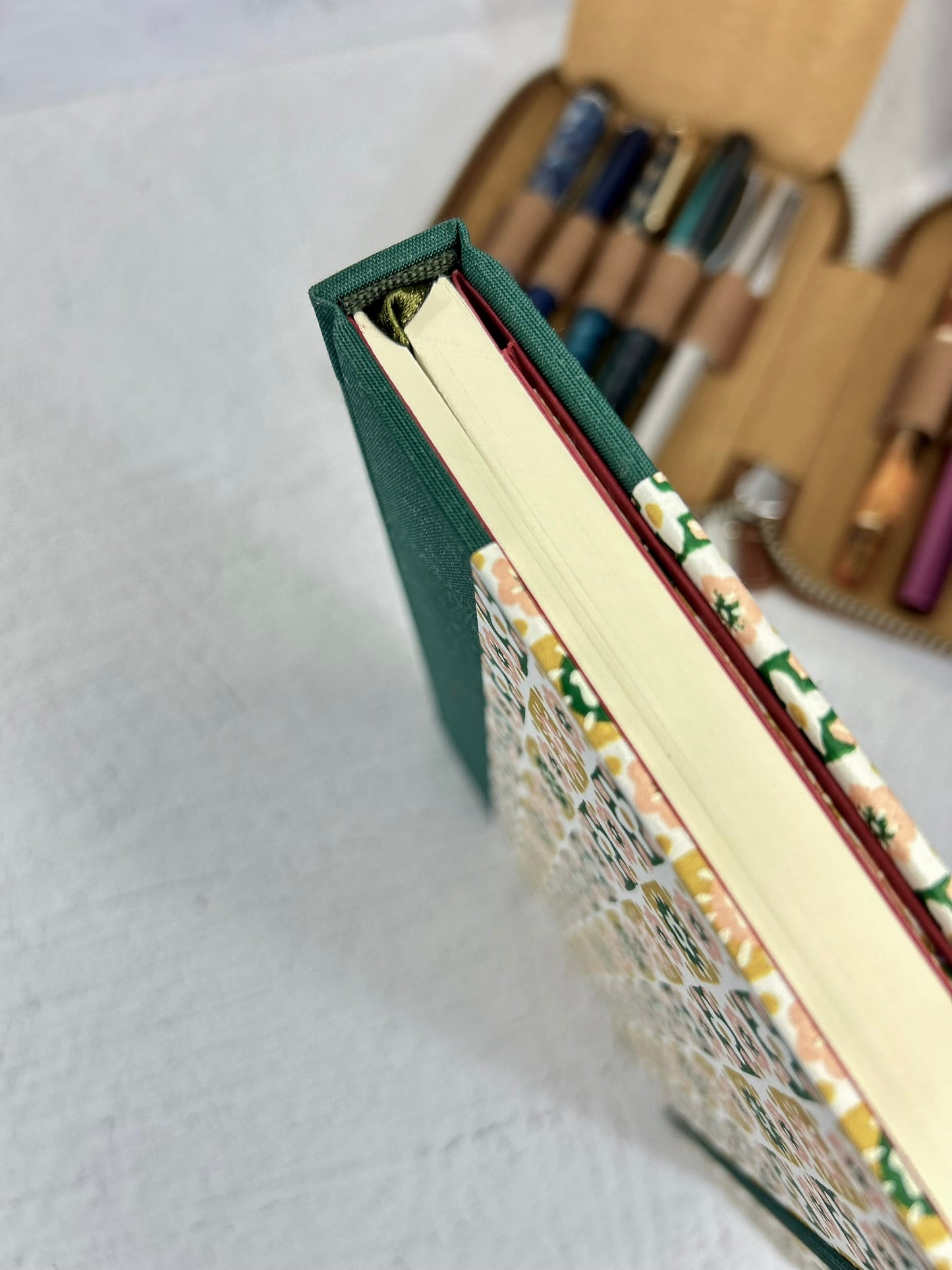 A5 160-page Hardcover Notebook finished in luxurious Green Mohair Japanese Bookcloth with Yellow Flowers Chiyogami Japanese Paper