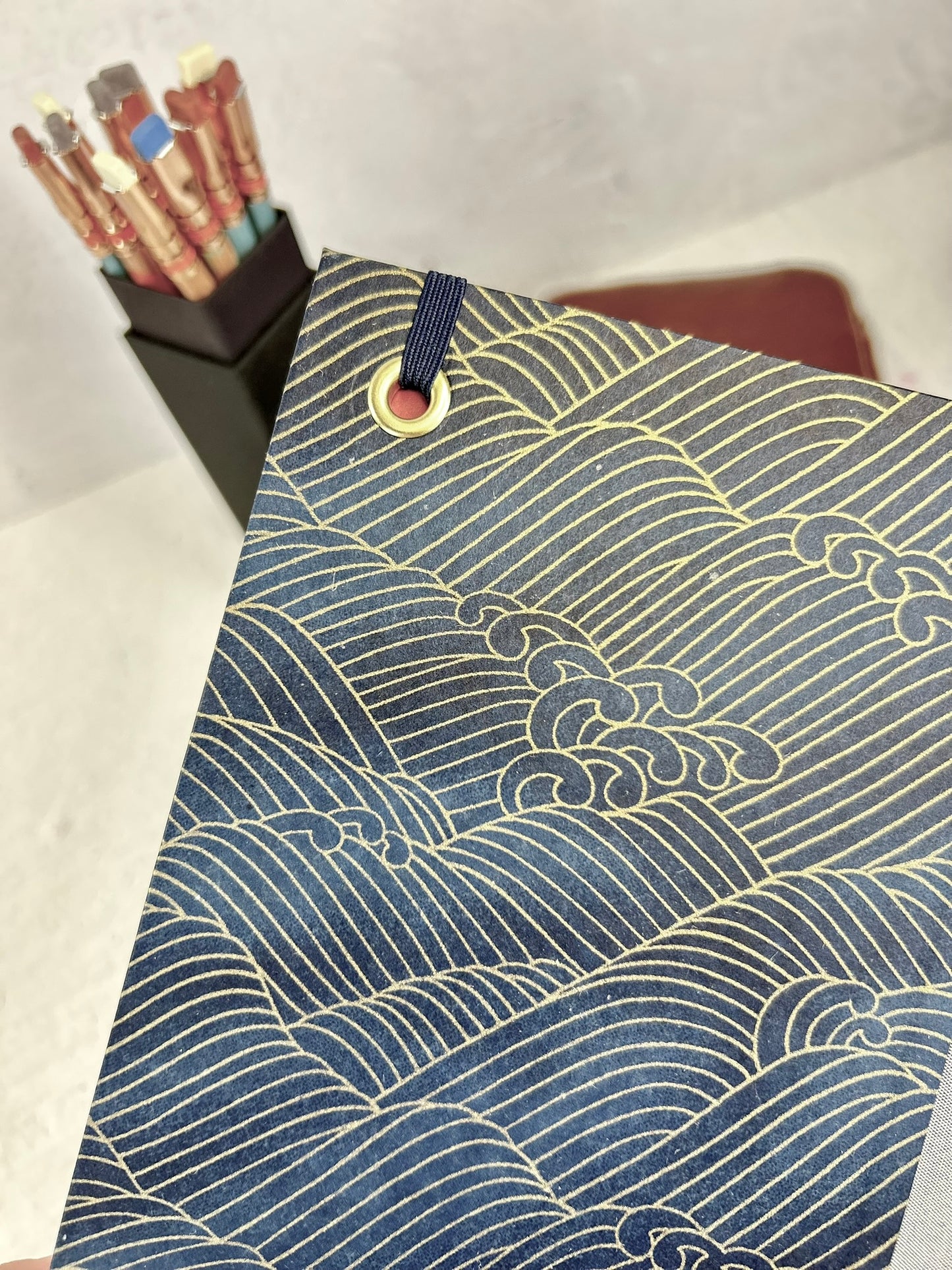 A5 160-page Hardcover Notebook finished in luxurious Blue Silver Japanese Bookcloth and Golden Waves on Blue Chiyogami Japanese Paper