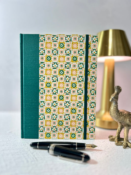 A5 160-page Hardcover Notebook finished in luxurious Green Mohair Japanese Bookcloth with Yellow Flowers Chiyogami Japanese Paper