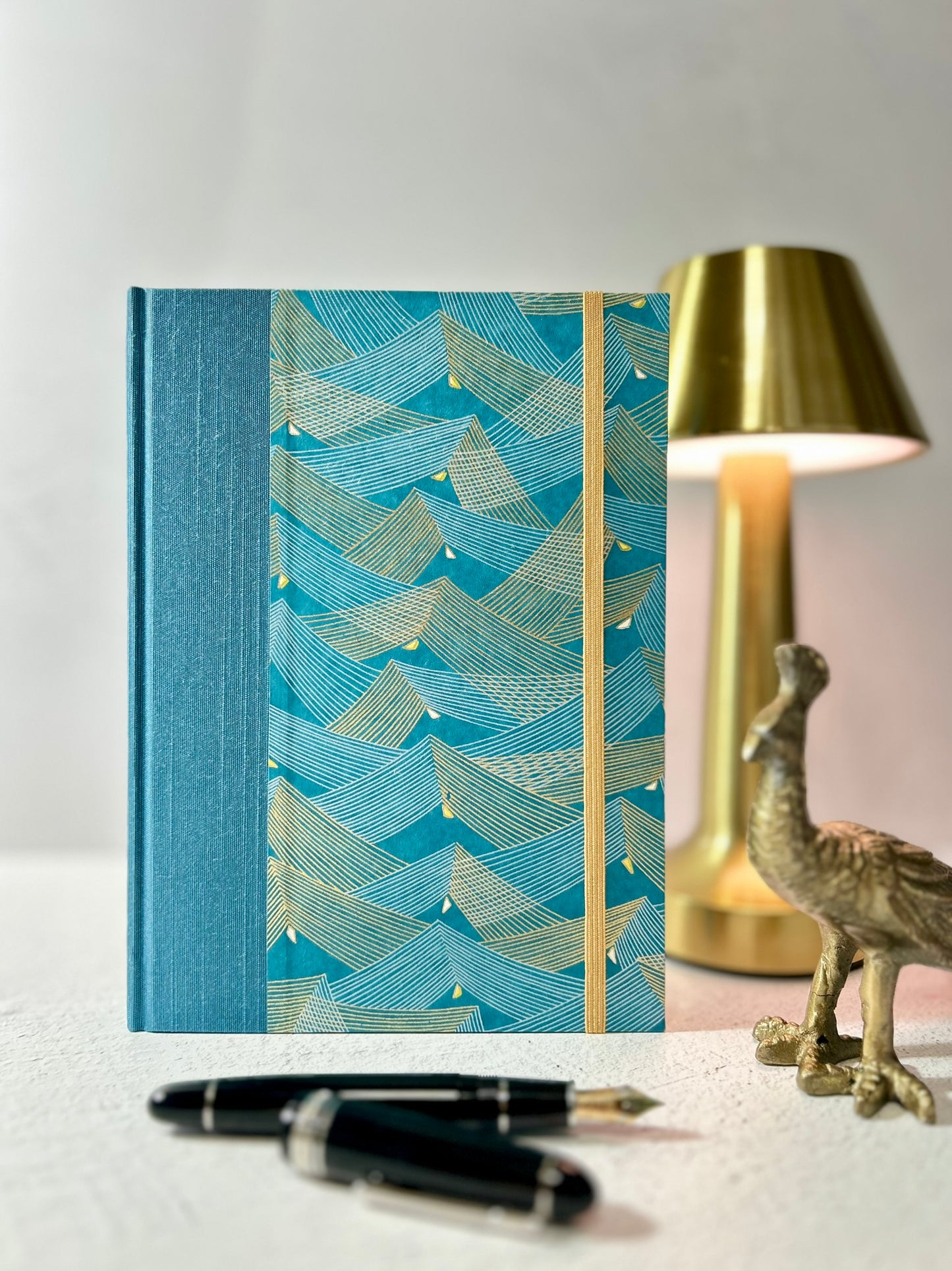 A5 160-page Hardcover Notebook finished in luxurious Marine Blue Japanese Bookcloth and Golden Waves on Chiyogami Japanese Paper