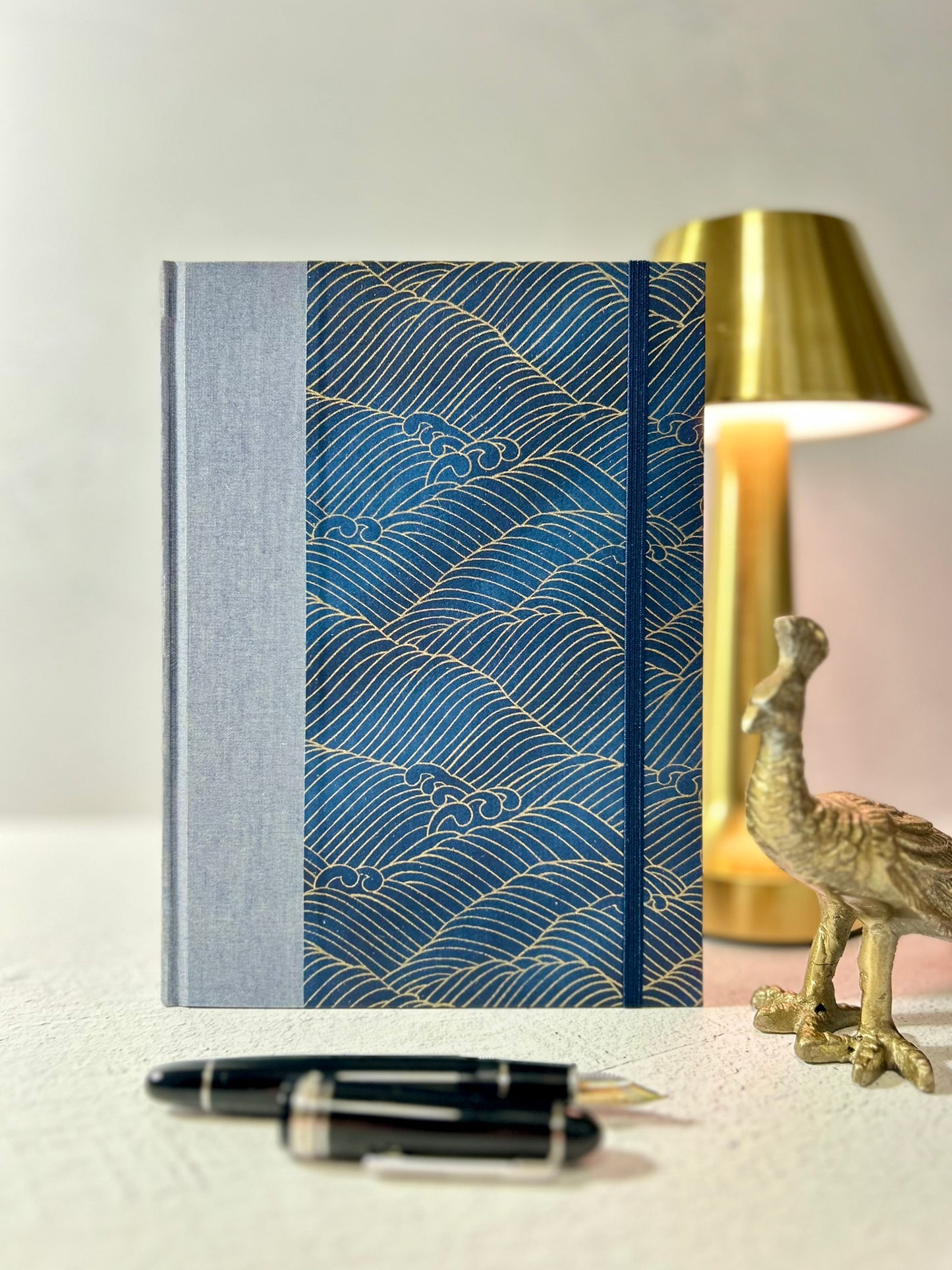 A5 160-page Hardcover Notebook finished in luxurious Blue Silver Japanese Bookcloth and Golden Waves on Blue Chiyogami Japanese Paper