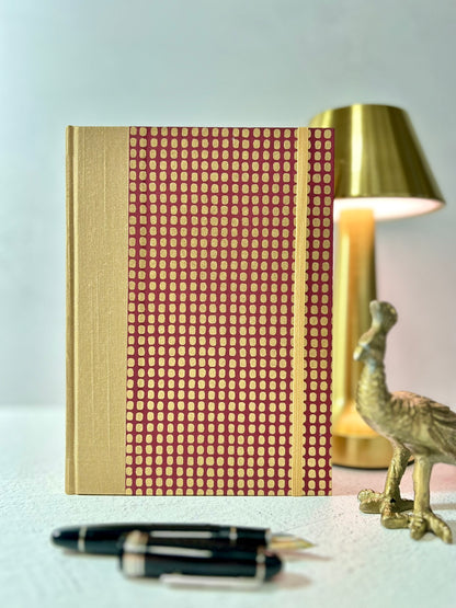 A5 160-page Hardcover Notebook finished in luxurious Soft Gold Japanese Bookcloth with Golden Dots on Wine Chiyogami Japanese Paper