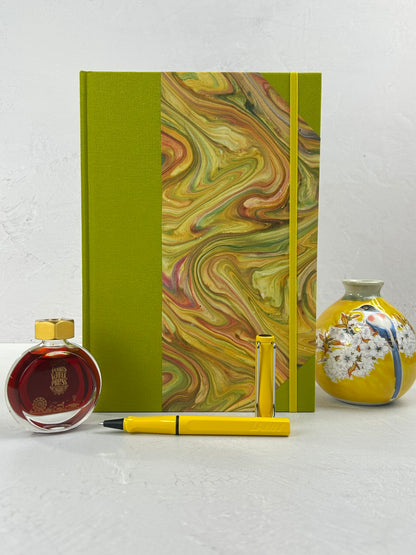 B5 192-page Hardcover Journal finished in Lemon Grass Verona book cloth and yellow/green French Marble Paper