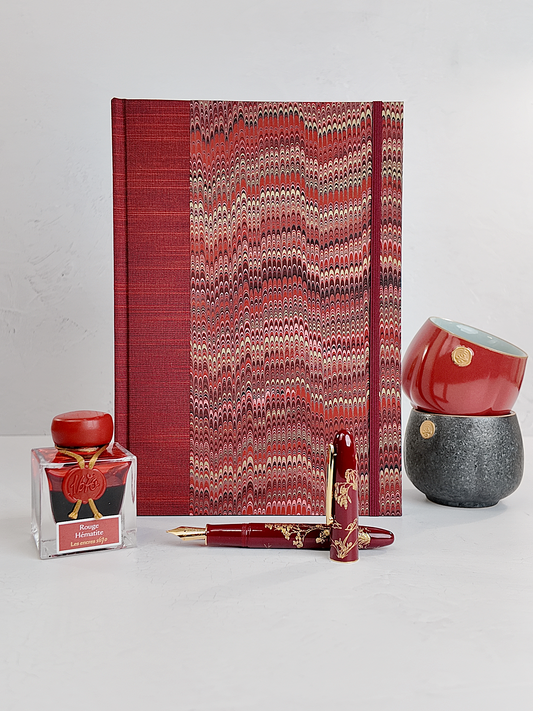 B5 192-page Hardcover Journal finished in Blood Red Japanese book cloth and Renato Crepaldi hand marbled paper