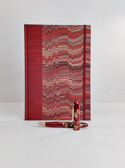 B5 192-page Hardcover Journal finished in Blood Red Japanese book cloth and Renato Crepaldi hand marbled paper