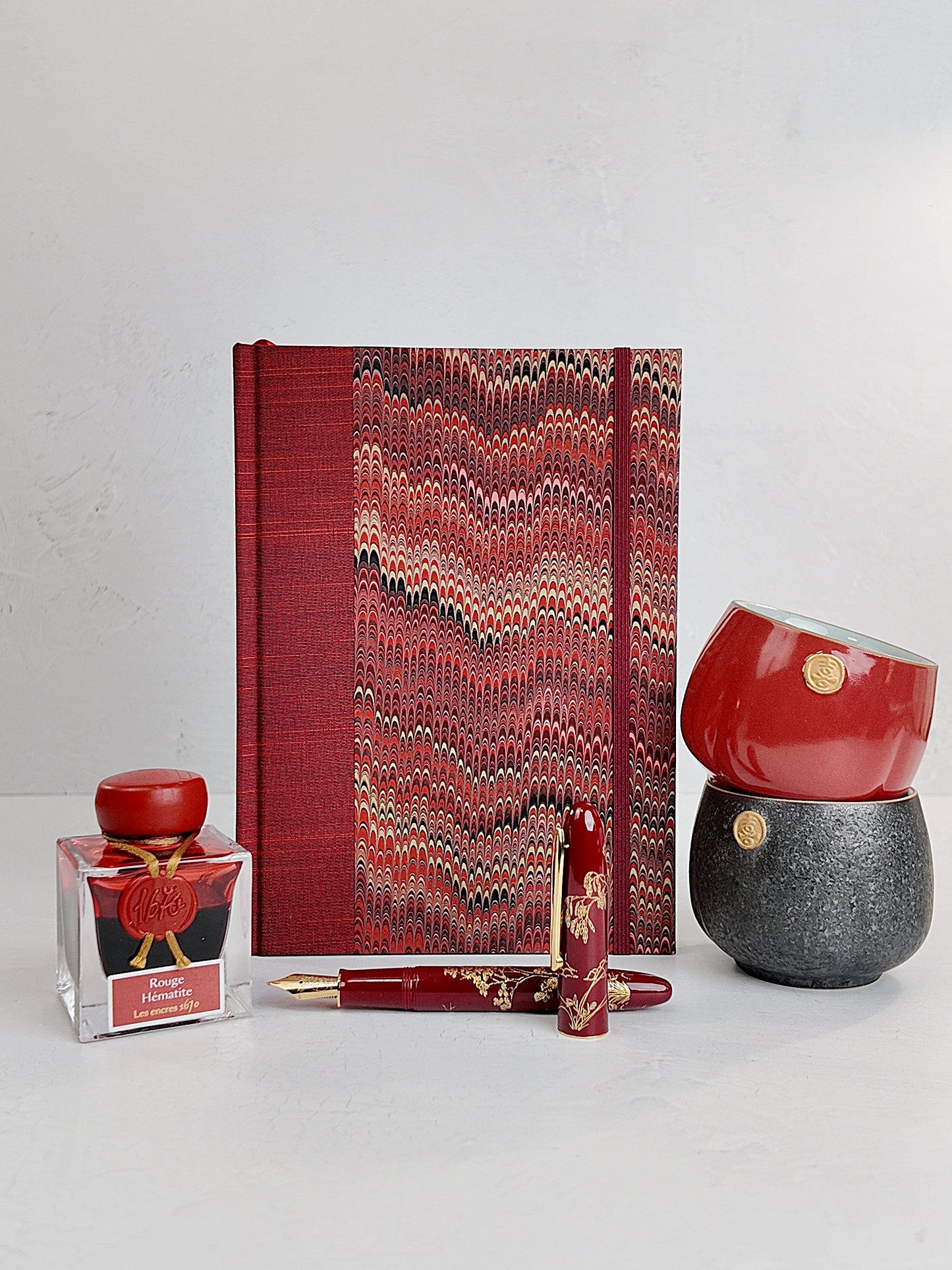 A5 160-page Hardcover Journal finished in Blood Red Japanese book cloth and Renato Crepaldi hand marbled paper