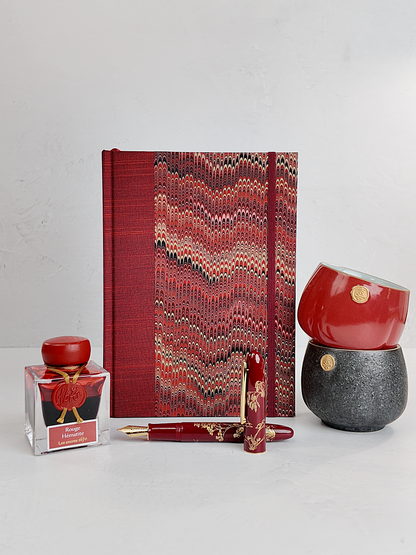 A5 160-page Hardcover Journal finished in Blood Red Japanese book cloth and Renato Crepaldi hand marbled paper