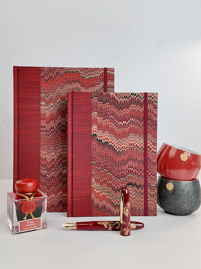 A5 160-page Hardcover Journal finished in Blood Red Japanese book cloth and Renato Crepaldi hand marbled paper