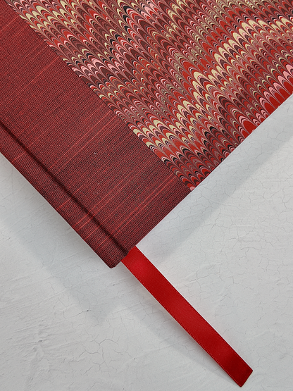 B5 192-page Hardcover Journal finished in Blood Red Japanese book cloth and Renato Crepaldi hand marbled paper