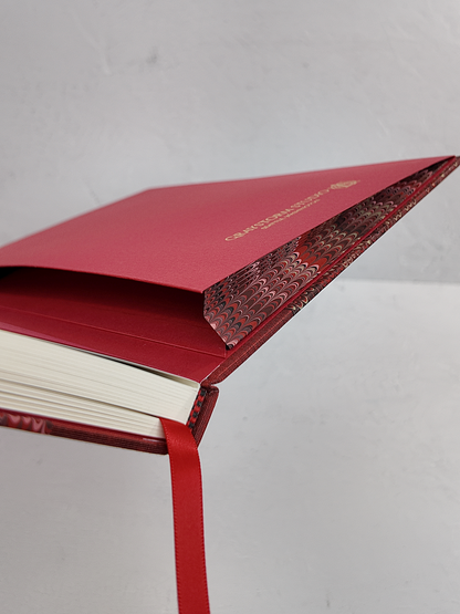 B5 192-page Hardcover Journal finished in Blood Red Japanese book cloth and Renato Crepaldi hand marbled paper