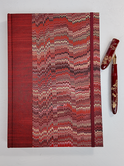 B5 192-page Hardcover Journal finished in Blood Red Japanese book cloth and Renato Crepaldi hand marbled paper