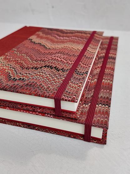 A5 160-page Hardcover Journal finished in Blood Red Japanese book cloth and Renato Crepaldi hand marbled paper