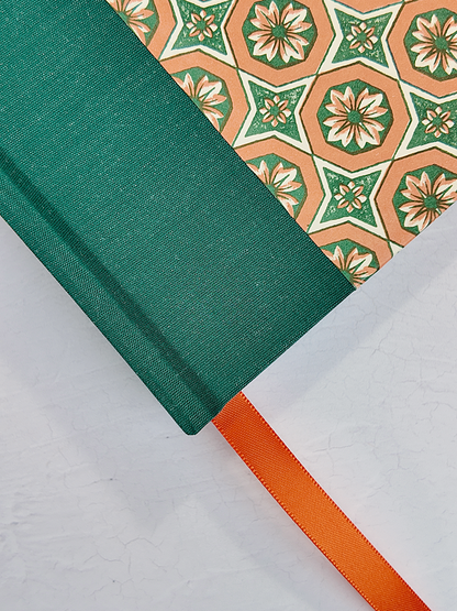 A5 160-page Hardcover Journal finished in Green Mohair Japanese book cloth and Mexican Block Printed Paper