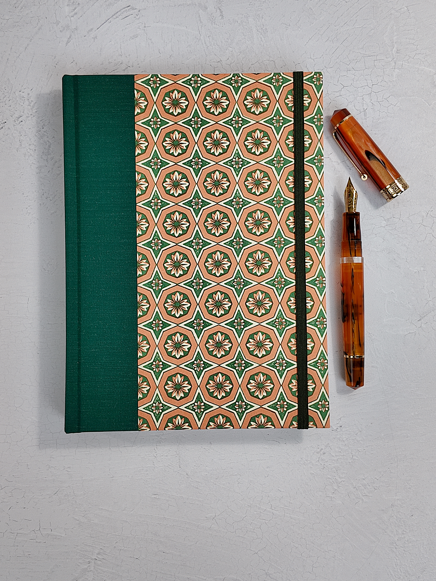 A5 160-page Hardcover Journal finished in Green Mohair Japanese book cloth and Mexican Block Printed Paper