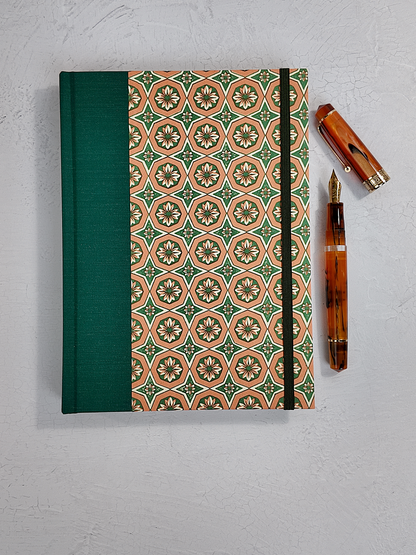 A5 160-page Hardcover Journal finished in Green Mohair Japanese book cloth and Mexican Block Printed Paper