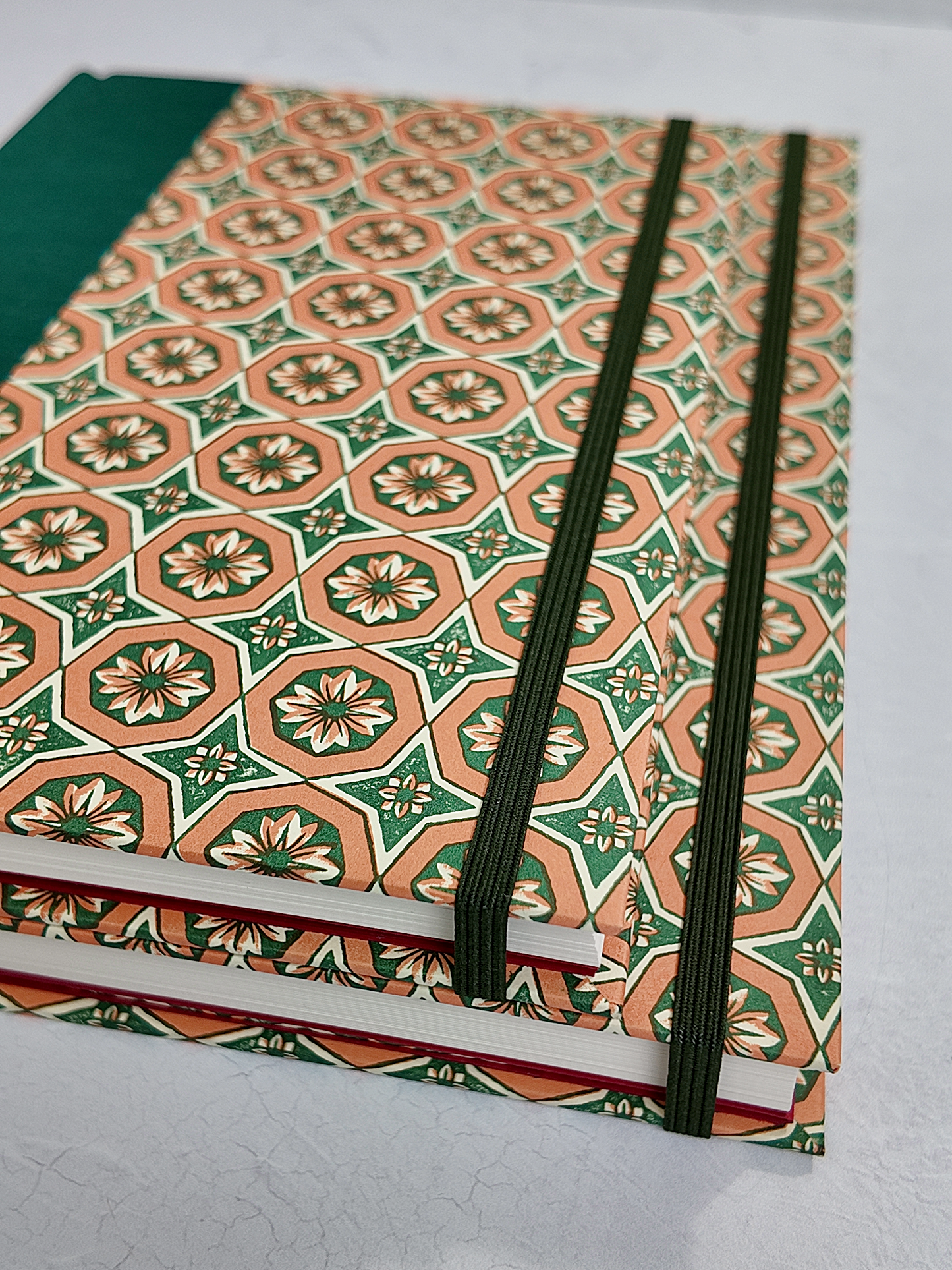 A5 160-page Hardcover Journal finished in Green Mohair Japanese book cloth and Mexican Block Printed Paper