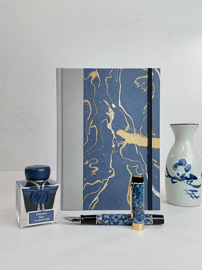 A5 160-page Hardcover Journal finished in Blue/Silver Japanese book cloth and hand marbled Indian paper