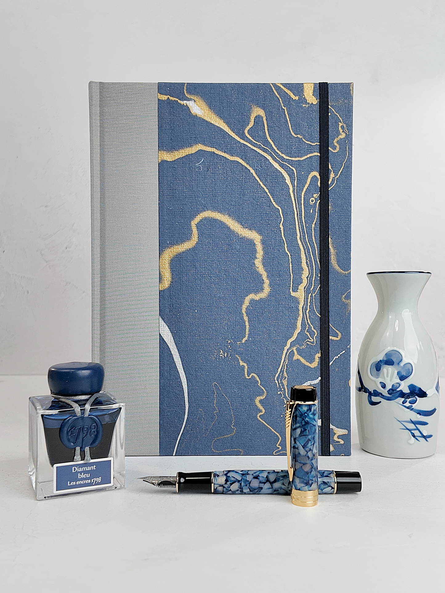 B5 192-page Hardcover Journal finished in Blue/Silver Japanese book cloth and hand marbled Indian paper