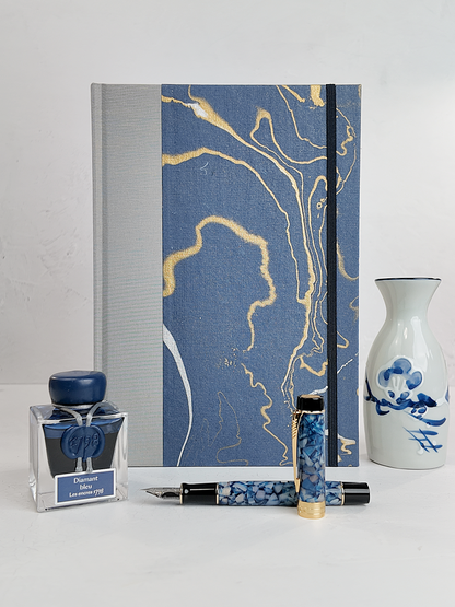 B5 192-page Hardcover Journal finished in Blue/Silver Japanese book cloth and hand marbled Indian paper