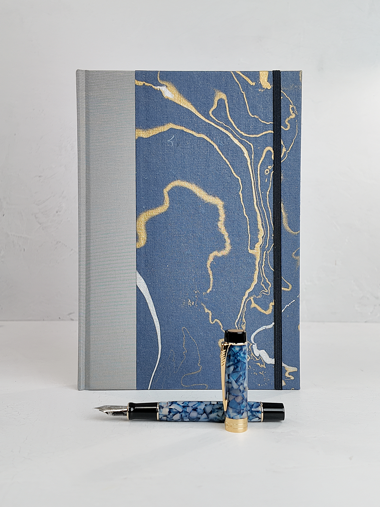 B5 192-page Hardcover Journal finished in Blue/Silver Japanese book cloth and hand marbled Indian paper