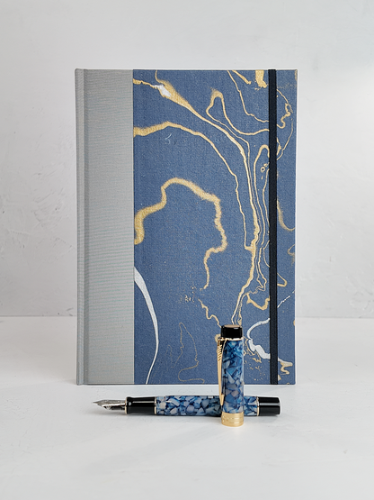 B5 192-page Hardcover Journal finished in Blue/Silver Japanese book cloth and hand marbled Indian paper