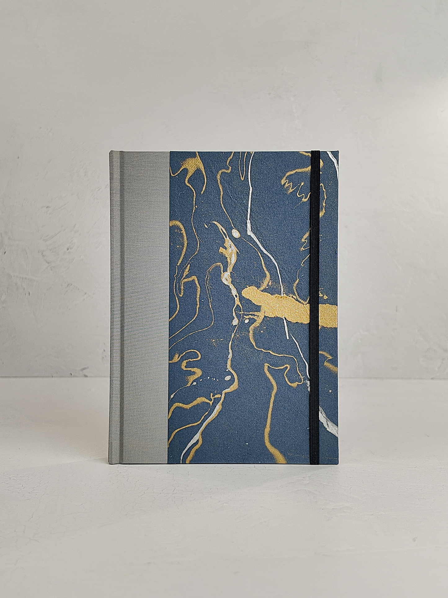 A5 160-page Hardcover Journal finished in Blue/Silver Japanese book cloth and hand marbled Indian paper