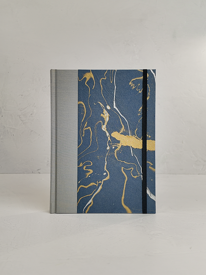 A5 160-page Hardcover Journal finished in Blue/Silver Japanese book cloth and hand marbled Indian paper