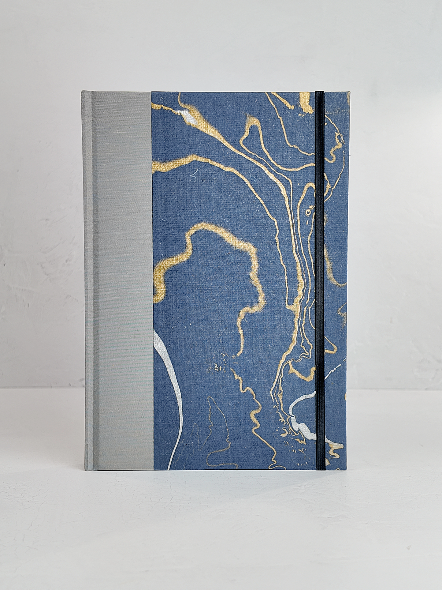 B5 192-page Hardcover Journal finished in Blue/Silver Japanese book cloth and hand marbled Indian paper