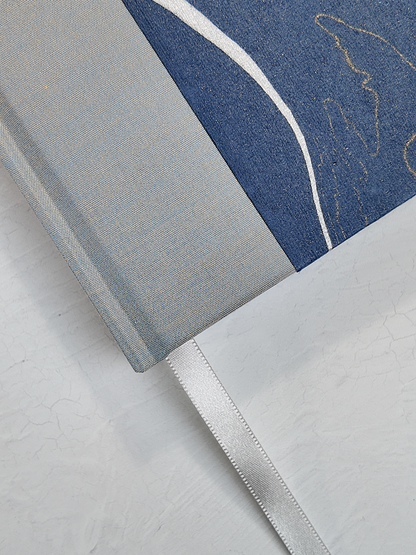 A5 160-page Hardcover Journal finished in Blue/Silver Japanese book cloth and hand marbled Indian paper