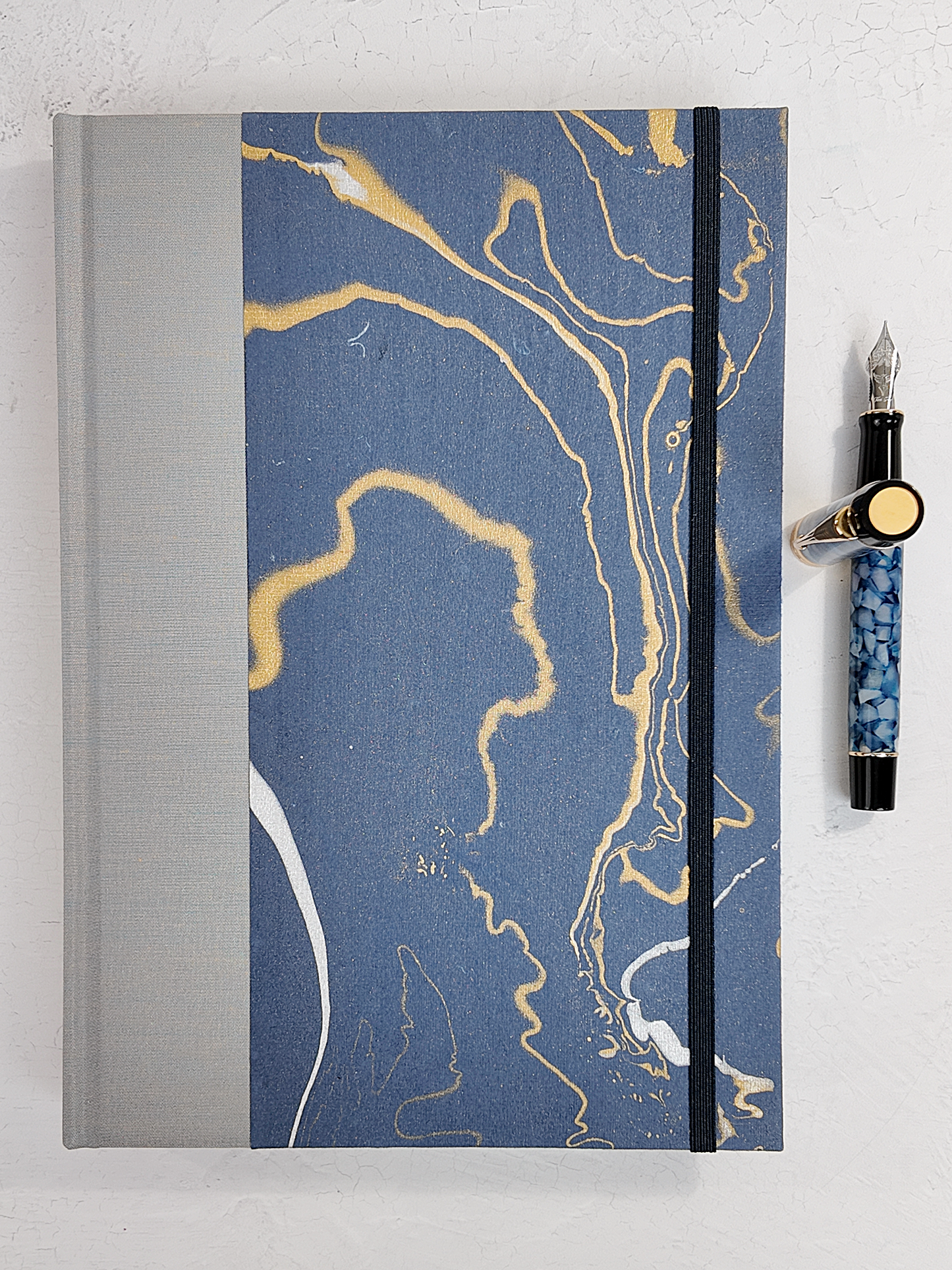 B5 192-page Hardcover Journal finished in Blue/Silver Japanese book cloth and hand marbled Indian paper