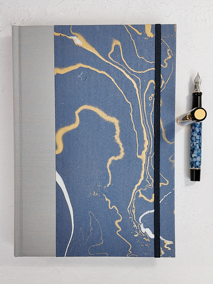 B5 192-page Hardcover Journal finished in Blue/Silver Japanese book cloth and hand marbled Indian paper