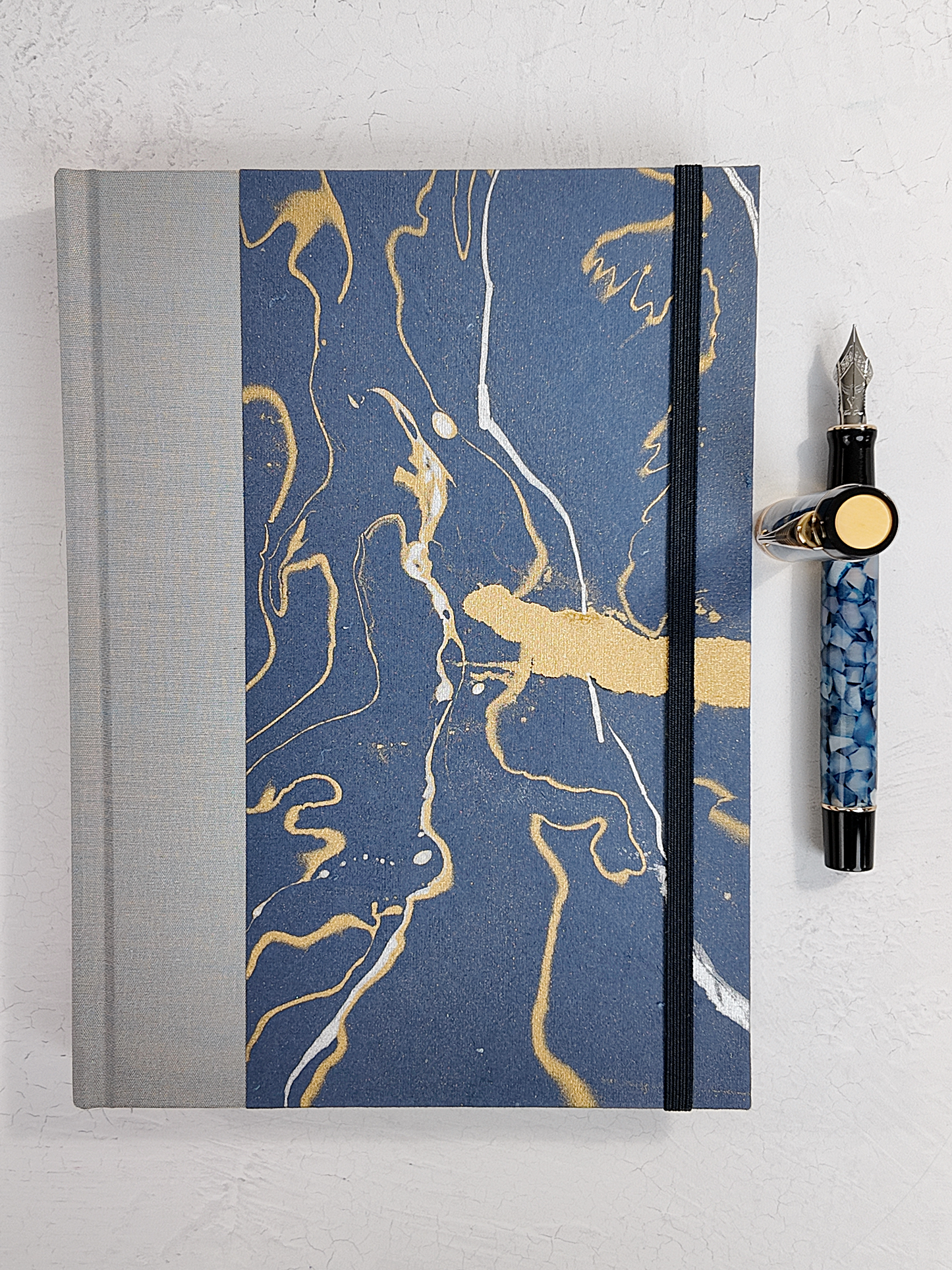 A5 160-page Hardcover Journal finished in Blue/Silver Japanese book cloth and hand marbled Indian paper