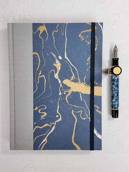 A5 160-page Hardcover Journal finished in Blue/Silver Japanese book cloth and hand marbled Indian paper