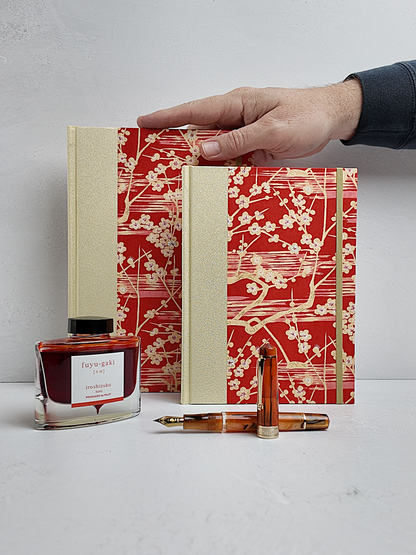 A5 160-page Hardcover Journal finished in Butter-Yellow Japanese Bookcloth and Red/Orange Chiyogami Paper