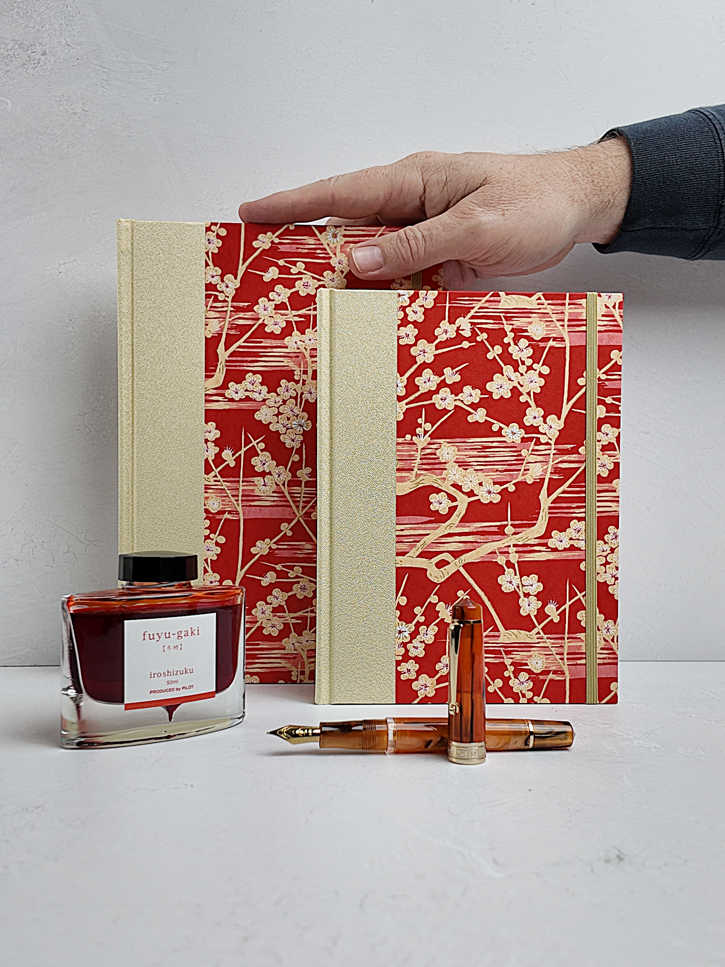 B5 192-page Hardcover Journal finished in Butter-Yellow Japanese Bookcloth and Red/Orange Chiyogami Paper