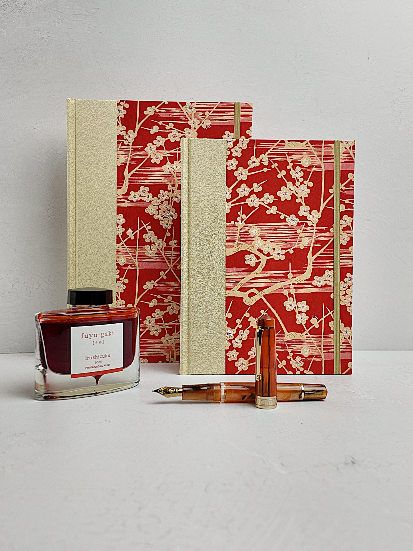 A5 160-page Hardcover Journal finished in Butter-Yellow Japanese Bookcloth and Red/Orange Chiyogami Paper