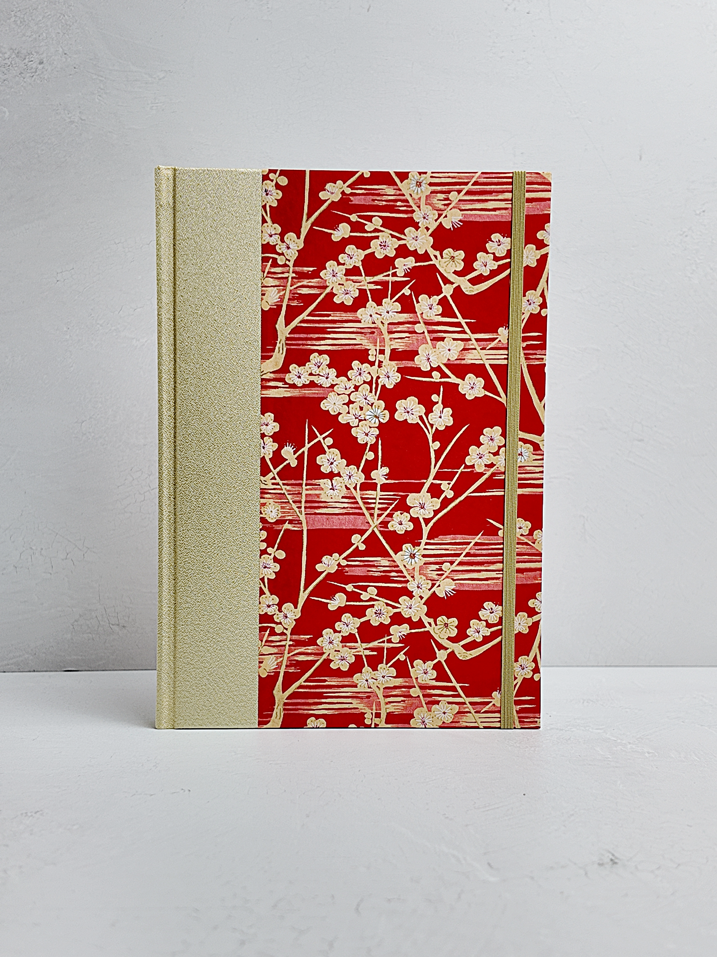 B5 192-page Hardcover Journal finished in Butter-Yellow Japanese Bookcloth and Red/Orange Chiyogami Paper