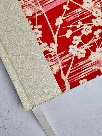 B5 192-page Hardcover Journal finished in Butter-Yellow Japanese Bookcloth and Red/Orange Chiyogami Paper