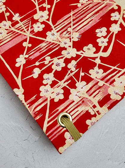 B5 192-page Hardcover Journal finished in Butter-Yellow Japanese Bookcloth and Red/Orange Chiyogami Paper