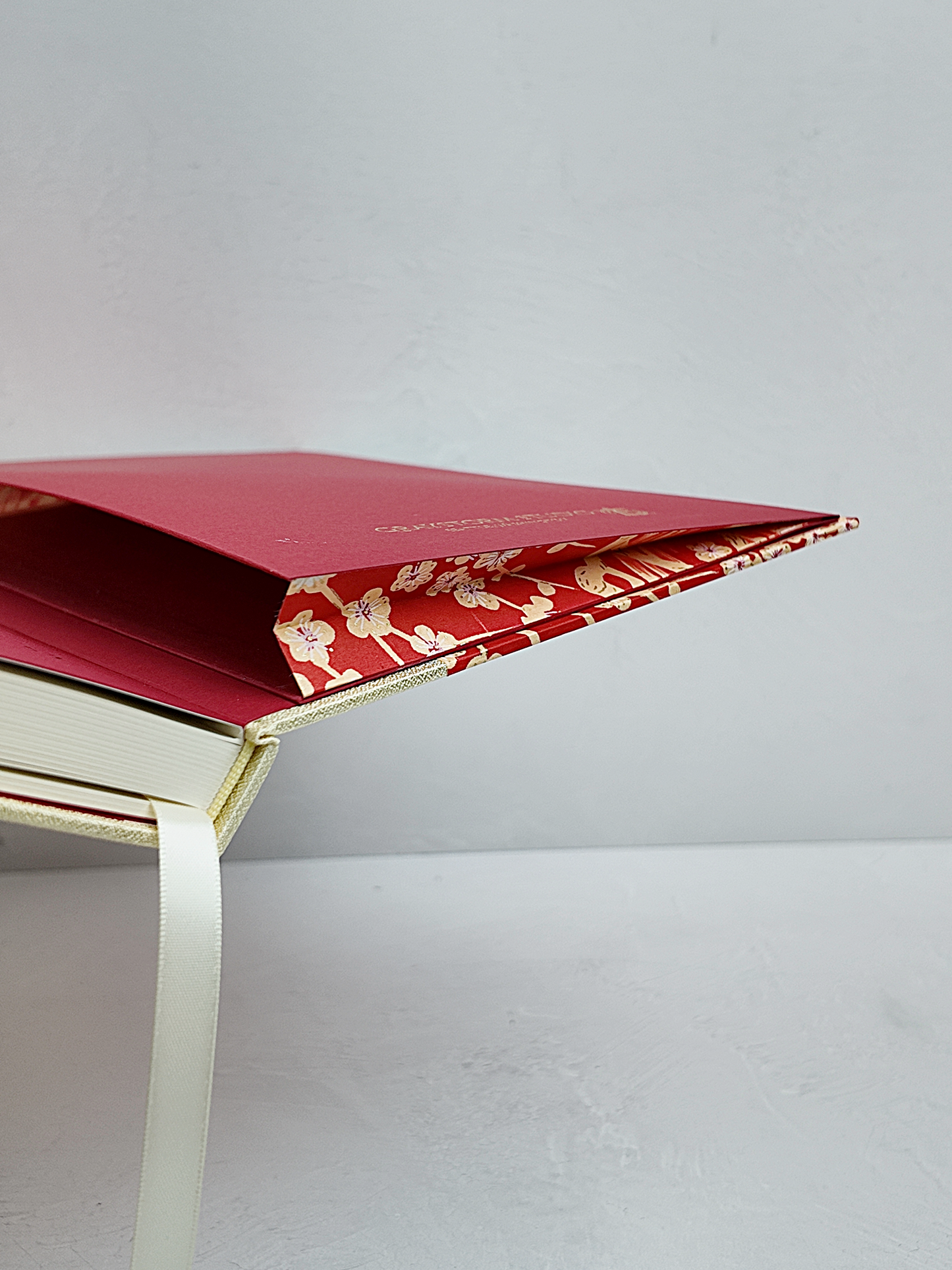 B5 192-page Hardcover Journal finished in Butter-Yellow Japanese Bookcloth and Red/Orange Chiyogami Paper