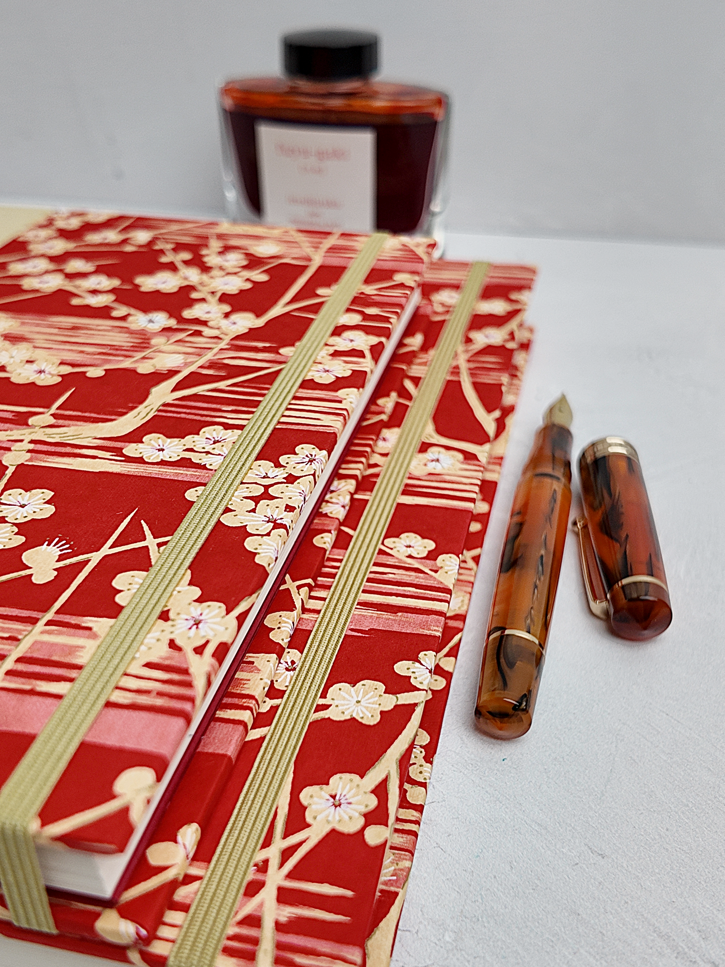 A5 160-page Hardcover Journal finished in Butter-Yellow Japanese Bookcloth and Red/Orange Chiyogami Paper