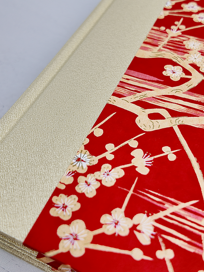 A5 160-page Hardcover Journal finished in Butter-Yellow Japanese Bookcloth and Red/Orange Chiyogami Paper