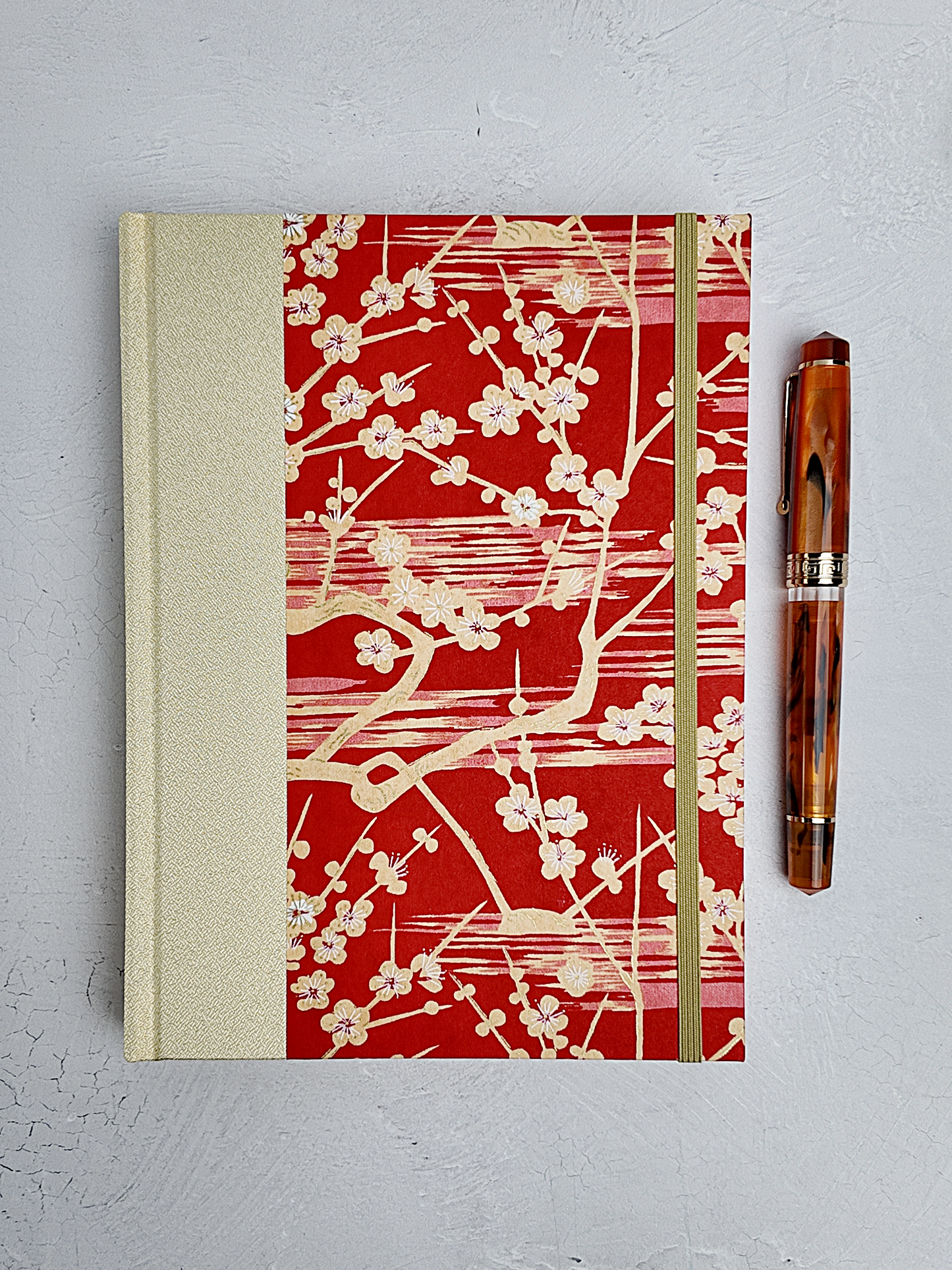 B5 192-page Hardcover Journal finished in Butter-Yellow Japanese Bookcloth and Red/Orange Chiyogami Paper