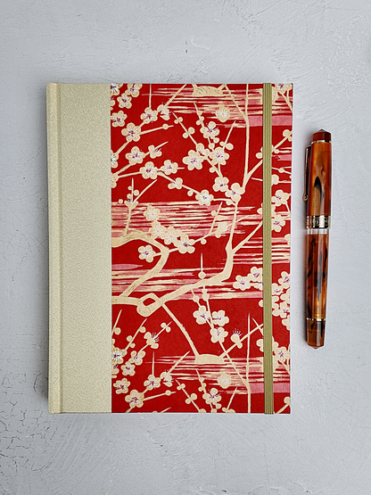 B5 192-page Hardcover Journal finished in Butter-Yellow Japanese Bookcloth and Red/Orange Chiyogami Paper