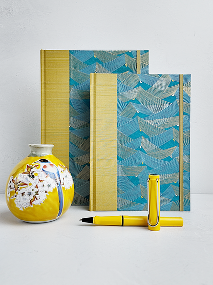 B5 192-page Hardcover Journal finished in Blue and Gold Chiyogami Paper and Yellow Gold Japanese Book Cloth